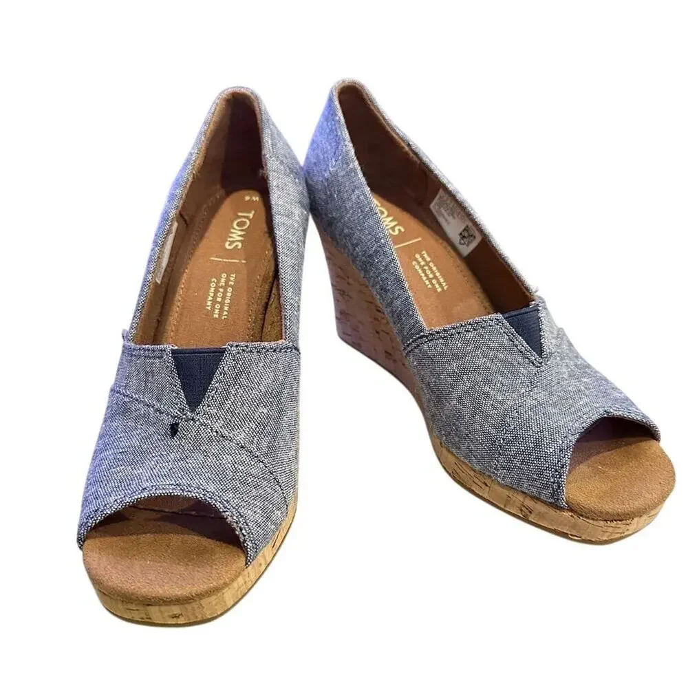 TOMS Women's Blue Chambray Wedge Slip-On Peep Toe‎ Heels Casual size 6 - Picture 2 of 13